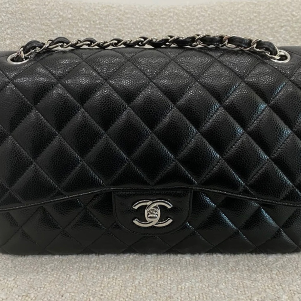 Authentic Chanel Classic Flap Jumbo Black Caviar Silver Hardware